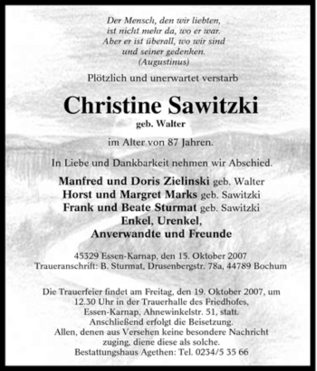 Traueranzeige von Christine Sawitzki von Tageszeitung