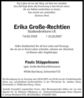 Traueranzeige von Erika Große-Rechtien von Tageszeitung