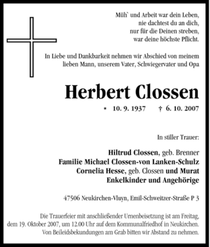  Traueranzeige für Herbert Clossen vom 17.10.2007 aus Tageszeitung