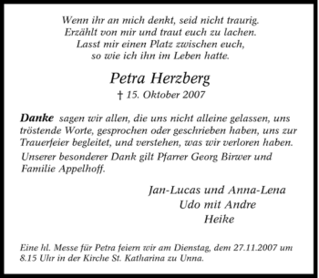 Traueranzeige von Petra Herzberg von Tageszeitung