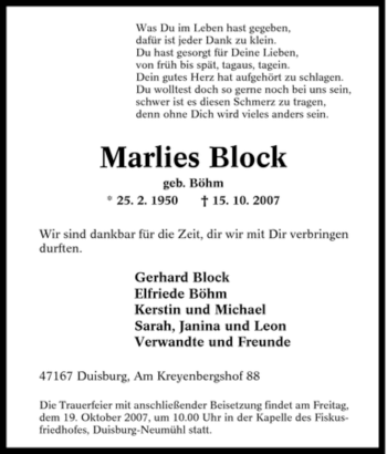 Traueranzeige von Marlies Block von Tageszeitung