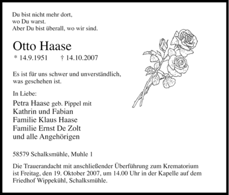  Traueranzeige für Otto Haase vom 17.10.2007 aus Tageszeitung