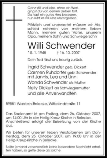 Traueranzeige von Willi Schwender von Tageszeitung
