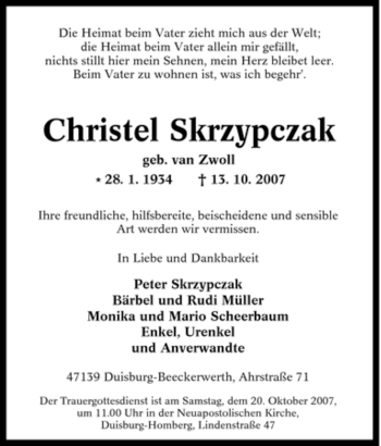Traueranzeige von Christel Skrzypczak von Tageszeitung