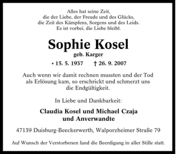 Traueranzeige von Sophie Kosel von Tageszeitung