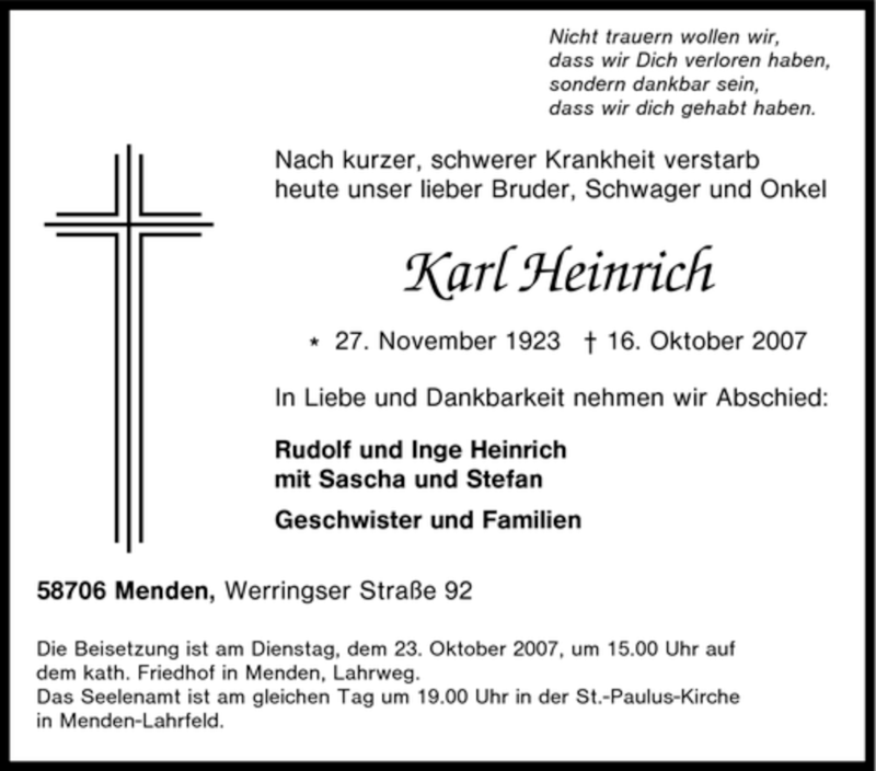 Traueranzeigen von Karl Heinrich TrauerinNRW.de