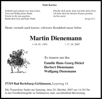 Traueranzeige von Martin Dienemann von Tageszeitung