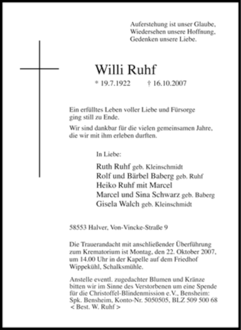 Traueranzeige von Willi Ruhf von Tageszeitung