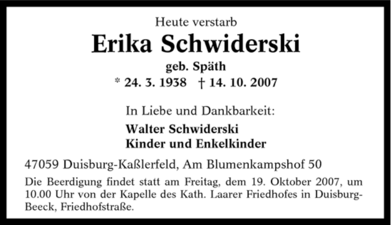  Traueranzeige für Erika Schwiderski vom 18.10.2007 aus Tageszeitung