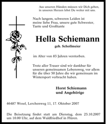 Traueranzeige von Hella Schiemann von Tageszeitung