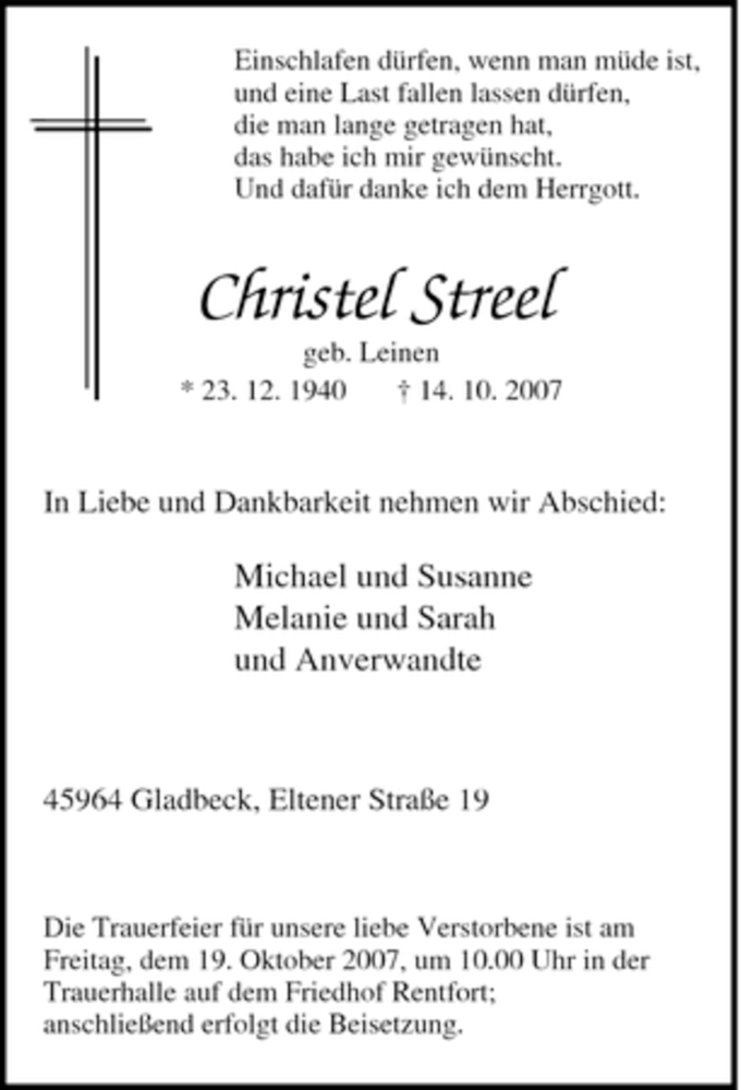  Traueranzeige für Christel Streel vom 18.10.2007 aus Tageszeitung