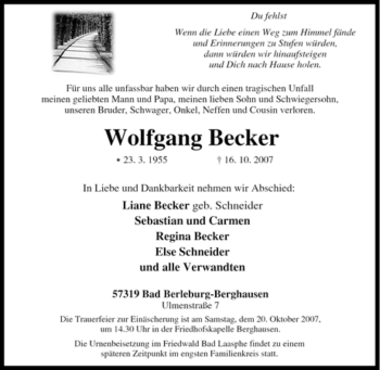 Traueranzeige von Wolfgang Becker von Tageszeitung