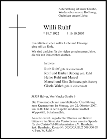 Traueranzeige von Willi Ruhf von Tageszeitung