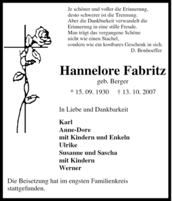 Traueranzeige von Hannelore Fabritz von Tageszeitung