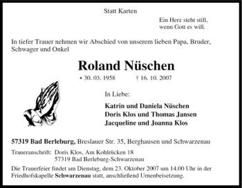 Traueranzeige von Roland Nüschen von Tageszeitung