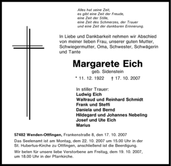 Traueranzeige von Margarete Eich von Tageszeitung