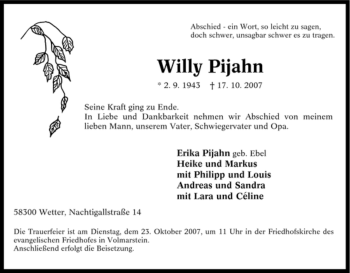 Traueranzeige von Willy Pijahn von Tageszeitung