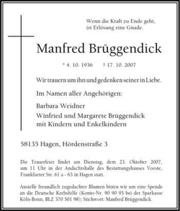 Traueranzeige von Manfred Brüggendick von Tageszeitung