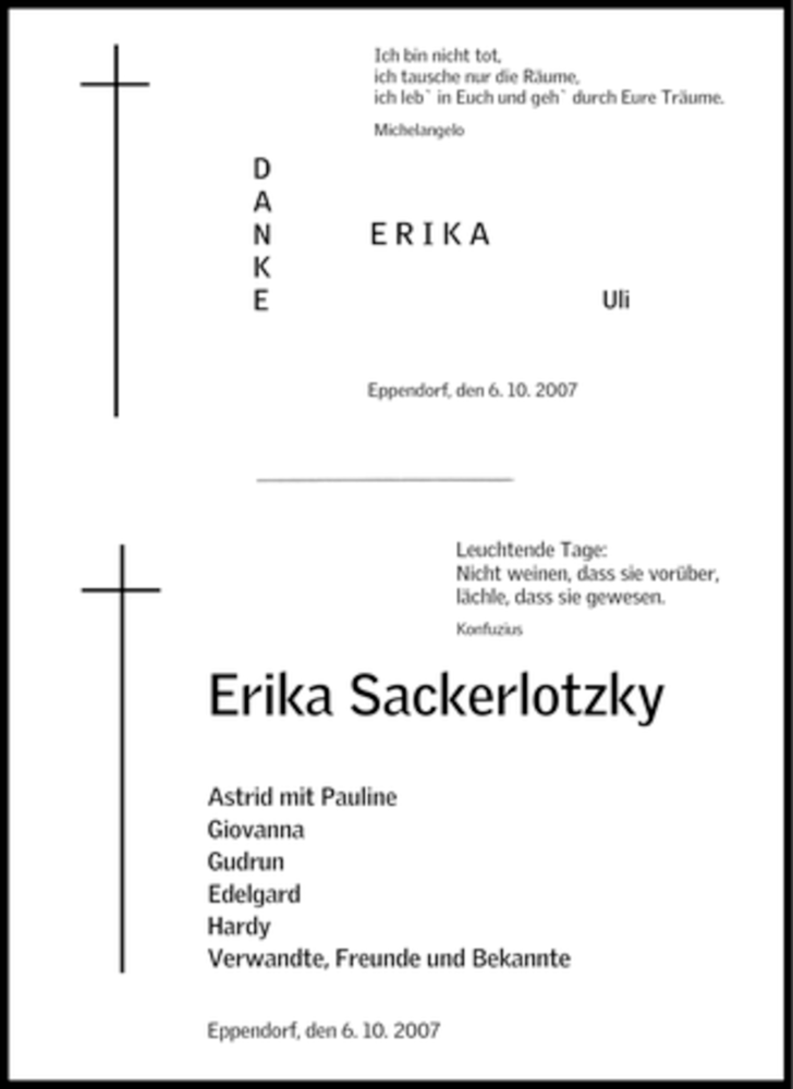  Traueranzeige für Erika Sackerlotzky vom 19.10.2007 aus Tageszeitung