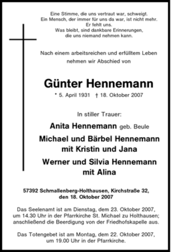 Traueranzeige von Günter Hennemann von Tageszeitung