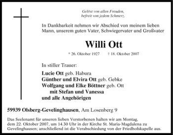 Traueranzeige von Willi Ott von Tageszeitung