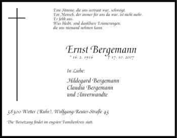 Traueranzeige von Ernst Bergemann von Tageszeitung
