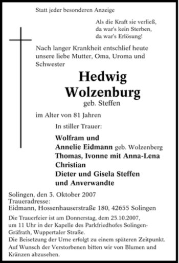 Traueranzeige von Hedwig Wolzenburg von Tageszeitung