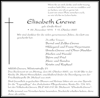 Traueranzeige von Elisabeth Grewe von Tageszeitung