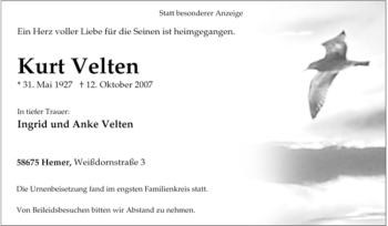 Traueranzeige von Kurt Velten von Tageszeitung