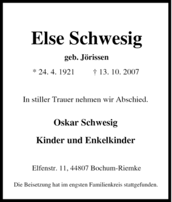 Traueranzeige von Else Schwesig von Tageszeitung