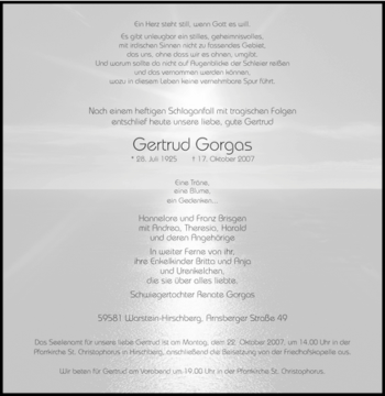 Traueranzeige von Gertrud Gorgas von Tageszeitung