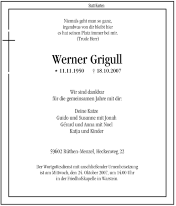 Traueranzeige von Werner Grigull von Tageszeitung