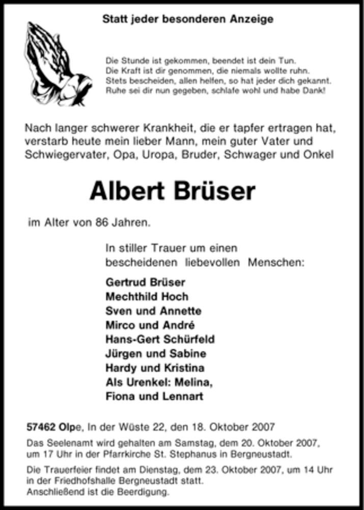  Traueranzeige für Albert Brüser vom 20.10.2007 aus Tageszeitung