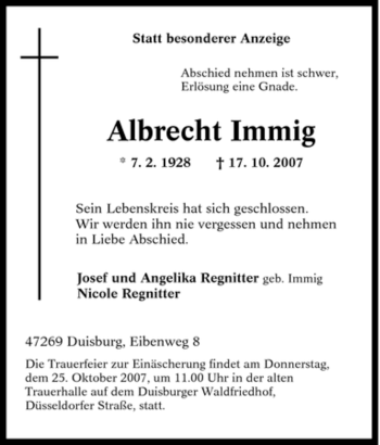 Traueranzeige von Albrecht Immig von Tageszeitung