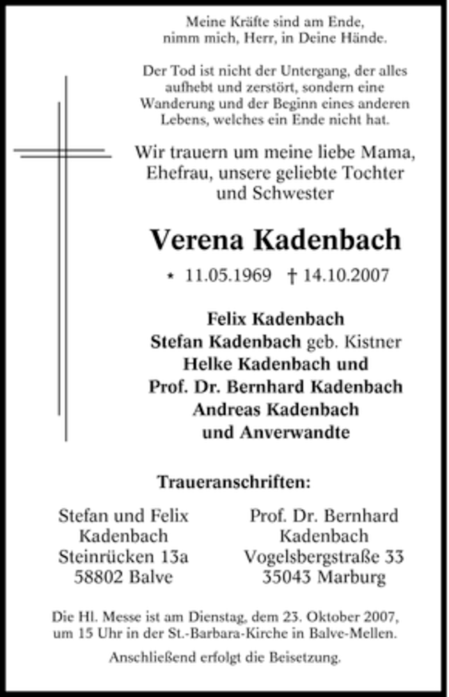  Traueranzeige für Verena Kadenbach vom 20.10.2007 aus Tageszeitung