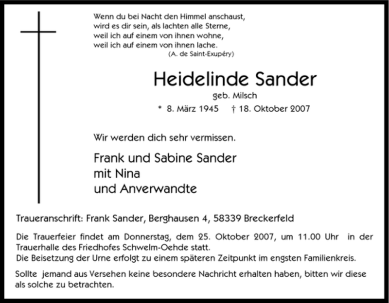  Traueranzeige für Heidelinde Sander vom 20.10.2007 aus Tageszeitung
