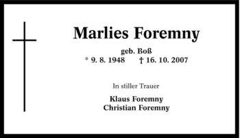 Traueranzeige von Marlies Foremny von Tageszeitung