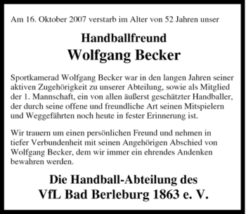 Traueranzeige von Wolfgang Becker von Tageszeitung