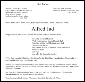 Traueranzeige von Alfred Jud von Tageszeitung