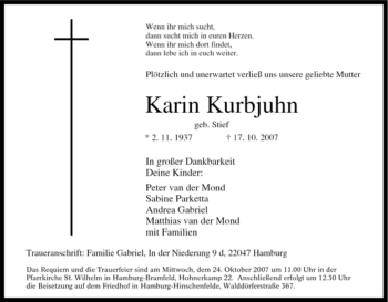 Traueranzeige von Karin Kurbjuhn von Tageszeitung