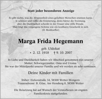 Traueranzeige von Marga Frida Hegemann von Tageszeitung