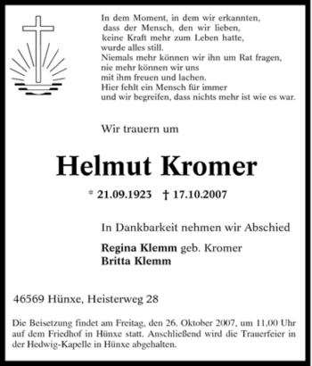 Traueranzeige von Helmut Kromer von Tageszeitung