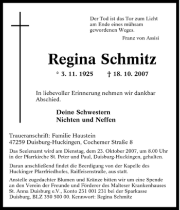 Traueranzeige von Regina Schmitz von Tageszeitung