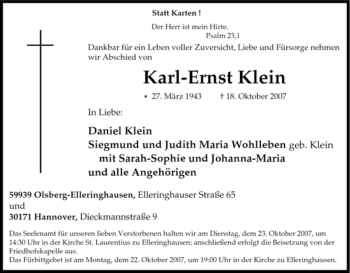 Traueranzeige von Karl-Ernst Klein von Tageszeitung