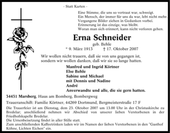 Traueranzeige von Erna Schneider von Tageszeitung