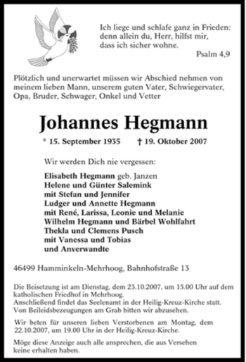 Traueranzeige von Johannes Hegmann von Tageszeitung