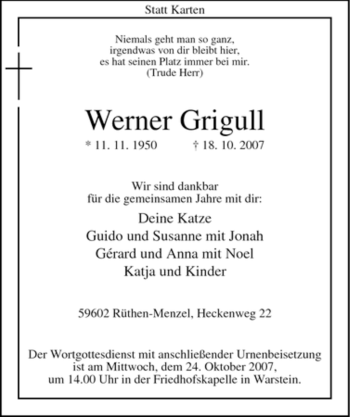 Traueranzeige von Werner Grigull von Tageszeitung