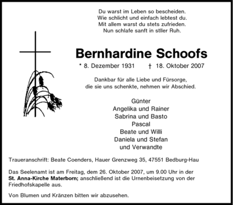 Traueranzeige für Bernhardine Schoofs vom 22.10.2007 aus Tageszeitung