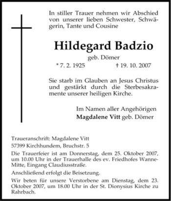 Traueranzeige von Hildegard Badzio von Tageszeitung