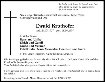 Traueranzeige von Ewald Krothofer von Tageszeitung